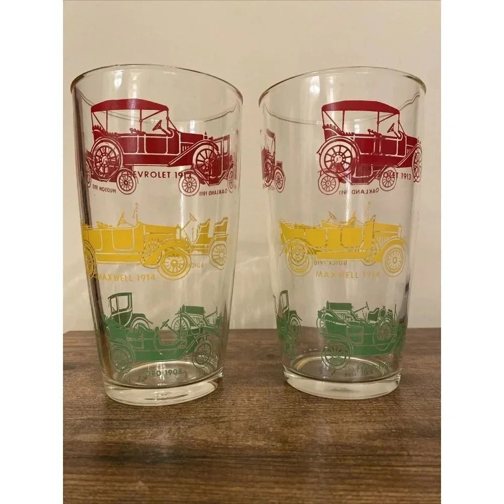 Vintage Red Green Yellow Antique Cars Automobiles Drinking Glass Mid Century Mod